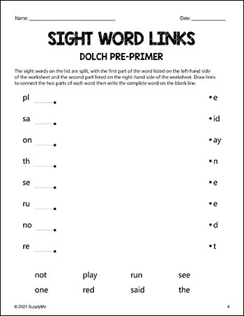 Pre-Primer Dolch Sight Words Worksheets - Word Links, Pre-K