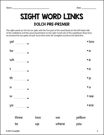 Pre-Primer Dolch Sight Words Worksheets - Word Links, Pre-K
