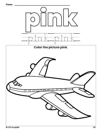 Free airplane color pink coloring page and color worksheet, pink worksheet for preschoolers to learn colors, printable PDF