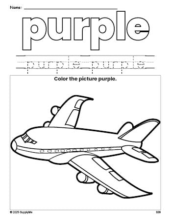Free airplane color purple coloring page and color worksheet, purple worksheet for preschoolers to learn colors, printable PDF