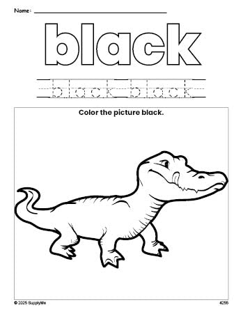 Free alligator color black coloring page and color worksheet, black worksheet for preschoolers to learn colors, printable PDF