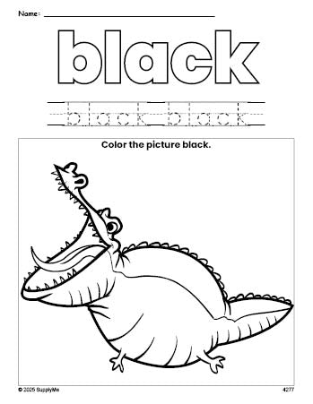 Free alligator color black coloring page and color worksheet, black worksheet for preschoolers to learn colors, printable PDF