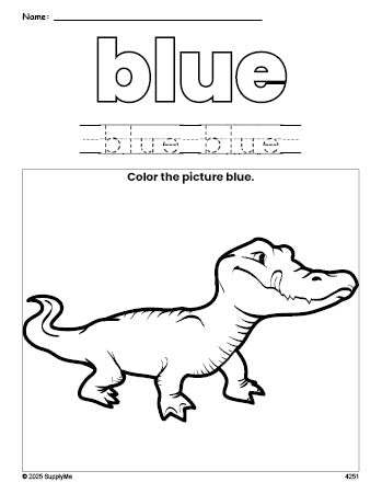 Free alligator color blue coloring page and color worksheet, blue worksheet for preschoolers to learn colors, printable PDF