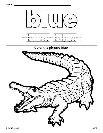 Free alligator color blue coloring page and color worksheet, blue worksheet for preschoolers to learn colors, printable PDF