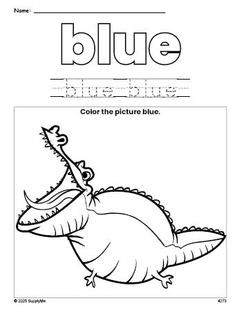 Free alligator color blue coloring page and color worksheet, blue worksheet for preschoolers to learn colors, printable PDF