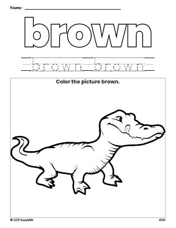 Free alligator color brown coloring page and color worksheet, brown worksheet for preschoolers to learn colors, printable PDF