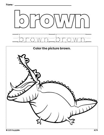 Free alligator color brown coloring page and color worksheet, brown worksheet for preschoolers to learn colors, printable PDF