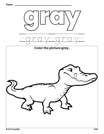 Free alligator color gray coloring page and color worksheet, gray worksheet for preschoolers to learn colors, printable PDF