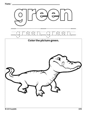 Free alligator color green coloring page and color worksheet, green worksheet for preschoolers to learn colors, printable PDF