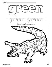 Free alligator color green coloring page and color worksheet, green worksheet for preschoolers to learn colors, printable PDF