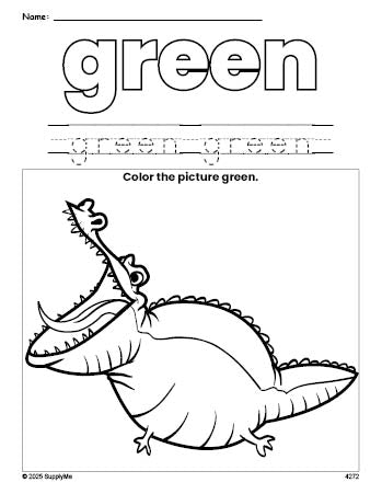 Free alligator color green coloring page and color worksheet, green worksheet for preschoolers to learn colors, printable PDF