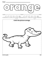 Free alligator color orange coloring page and color worksheet, orange worksheet for preschoolers to learn colors, printable PDF
