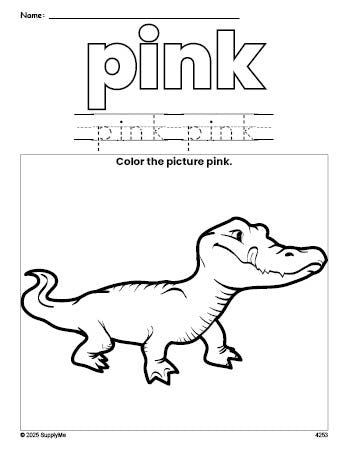 Free alligator color pink coloring page and color worksheet, pink worksheet for preschoolers to learn colors, printable PDF