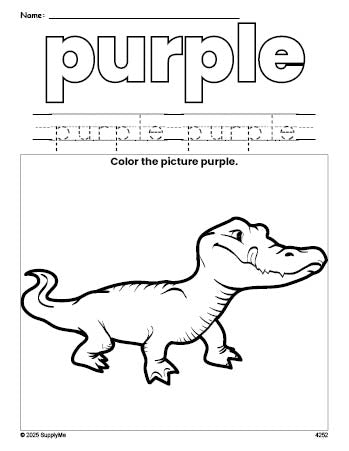 Free alligator color purple coloring page and color worksheet, purple worksheet for preschoolers to learn colors, printable PDF