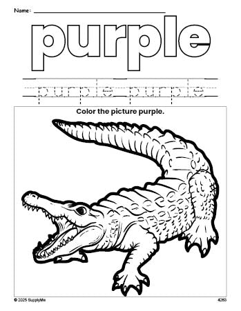 Free alligator color purple coloring page and color worksheet, purple worksheet for preschoolers to learn colors, printable PDF