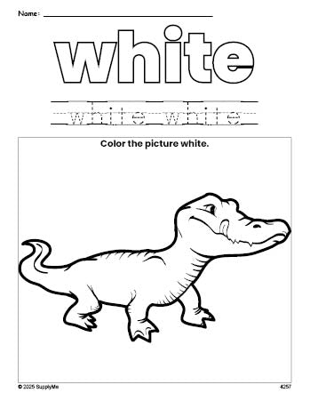 Free alligator color white coloring page and color worksheet, white worksheet for preschoolers to learn colors, printable PDF