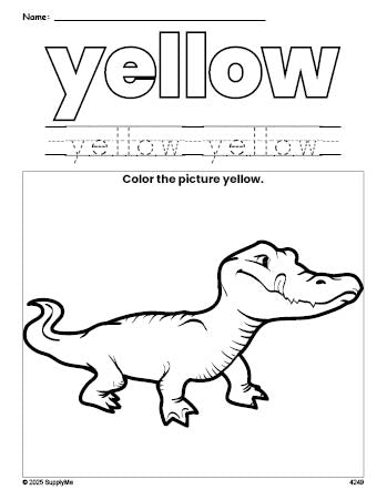 Free alligator color yellow coloring page and color worksheet, yellow worksheet for preschoolers to learn colors, printable PDF