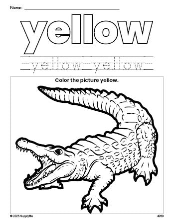 Free alligator color yellow coloring page and color worksheet, yellow worksheet for preschoolers to learn colors, printable PDF