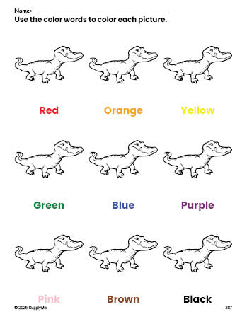 Free alligator coloring page and color worksheet for preschoolers to learn colors, printable PDF