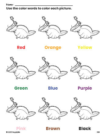 Free alligator coloring page and color worksheet for preschoolers to learn colors, printable PDF
