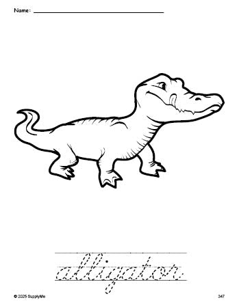Free printable alligator coloring page and cursive word tracing worksheet, perfect for preschool, pre-k, and kindergarten, PDF
