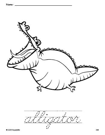 Free printable alligator coloring page and cursive word tracing worksheet, perfect for preschool, pre-k, and kindergarten, PDF