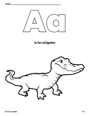 Free printable alligator coloring page, letter a coloring page for preschool, pre-k, and kindergarten, PDF