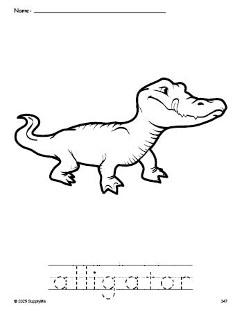 Free printable alligator coloring page and word tracing worksheet, perfect for preschool, pre-k, and kindergarten, PDF