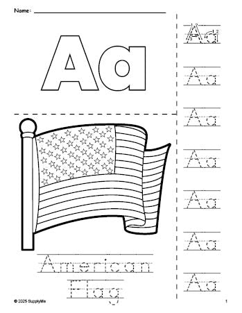Free printable American Flag Fourth of July coloring page and letter tracing worksheet, letter a worksheet for preschool, pre-k, and kindergarten, PDF
