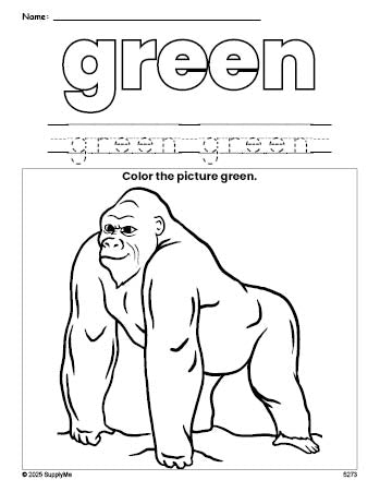 Free ape color green coloring page and color worksheet, green worksheet for preschoolers to learn colors, printable PDF