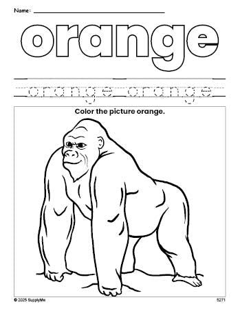 Free ape color orange coloring page and color worksheet, orange worksheet for preschoolers to learn colors, printable PDF