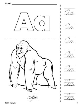 Free printable ape coloring page and cursive letter tracing worksheet, letter a worksheet for preschool, pre-k, and kindergarten, PDF