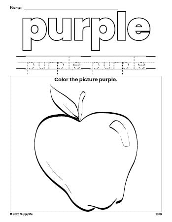Free apple color purple coloring page and color worksheet, purple worksheet for preschoolers to learn colors, printable PDF