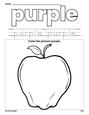 Free apple color purple coloring page and color worksheet, purple worksheet for preschoolers to learn colors, printable PDF