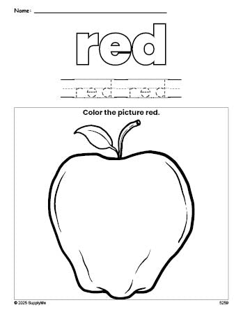 FREE Apple Color Red Coloring Page and Color Worksheet, Red Worksheet ...