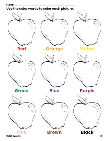 FREE Apple Coloring Page and Color Worksheet for Preschoolers to Learn ...