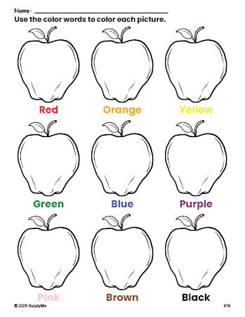 FREE Apple Coloring Page and Color Worksheet for Preschoolers to Learn ...