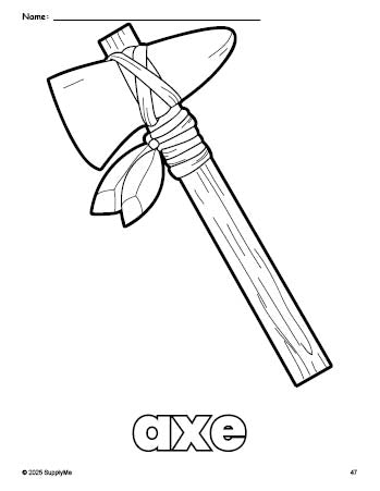 Free printable axe Thanksgiving coloring page for preschool, pre-k, and kindergarten, PDF