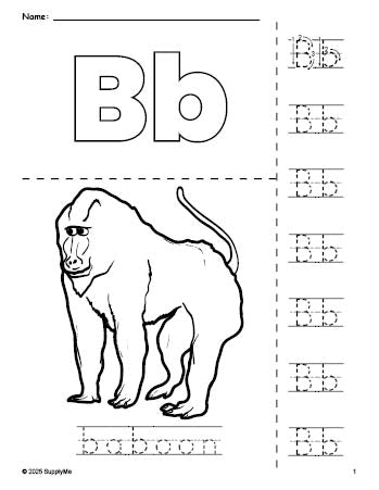 Free printable baboon coloring page and letter tracing worksheet, letter b worksheet for preschool, pre-k, and kindergarten, PDF