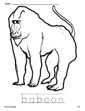 FREE Printable Baboon Coloring Page and Word Tracing Worksheet, Perfect ...