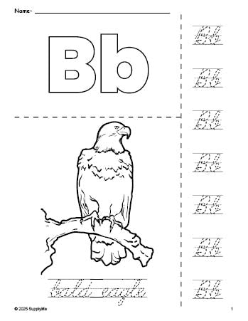 Free printable bald eagle Fourth of July coloring page and cursive letter tracing worksheet, letter b worksheet for preschool, pre-k, and kindergarten, PDF