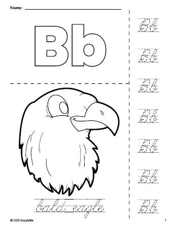 Free printable bald eagle Fourth of July coloring page and cursive letter tracing worksheet, letter b worksheet for preschool, pre-k, and kindergarten, PDF