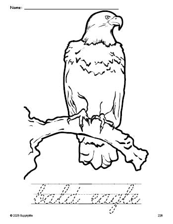 Free printable bald eagle Fourth of July coloring page and cursive word tracing worksheet, perfect for preschool, pre-k, and kindergarten, PDF