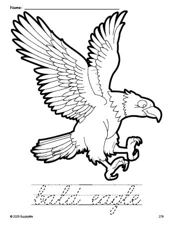 Free printable bald eagle Fourth of July coloring page and cursive word tracing worksheet, perfect for preschool, pre-k, and kindergarten, PDF