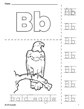 Free printable bald eagle Fourth of July coloring page and letter tracing worksheet, letter b worksheet for preschool, pre-k, and kindergarten, PDF