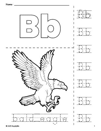 Free printable bald eagle Fourth of July coloring page and letter tracing worksheet, letter b worksheet for preschool, pre-k, and kindergarten, PDF