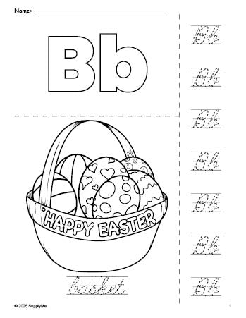 Free printable basket Easter coloring page and cursive letter tracing worksheet, letter b worksheet for preschool, pre-k, and kindergarten, PDF