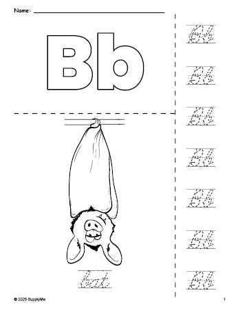 Free printable bat Halloween coloring page and cursive letter tracing worksheet, letter b worksheet for preschool, pre-k, and kindergarten, PDF