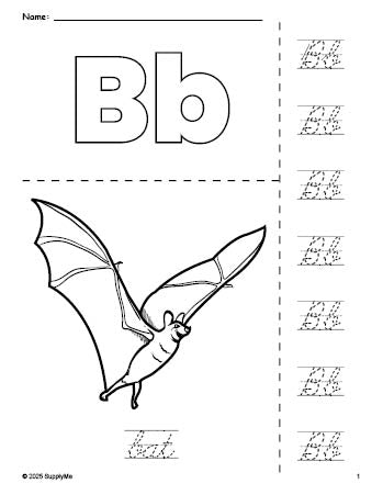 Free printable bat Halloween coloring page and cursive letter tracing worksheet, letter b worksheet for preschool, pre-k, and kindergarten, PDF