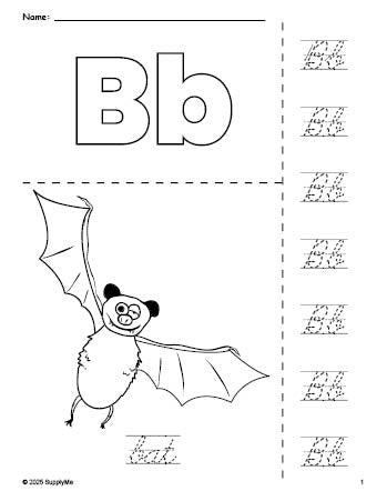 Free printable bat Halloween coloring page and cursive letter tracing worksheet, letter b worksheet for preschool, pre-k, and kindergarten, PDF